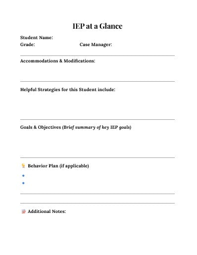 IEP at a Glance Template for Teachers | Quick-Reference Printable PDF
