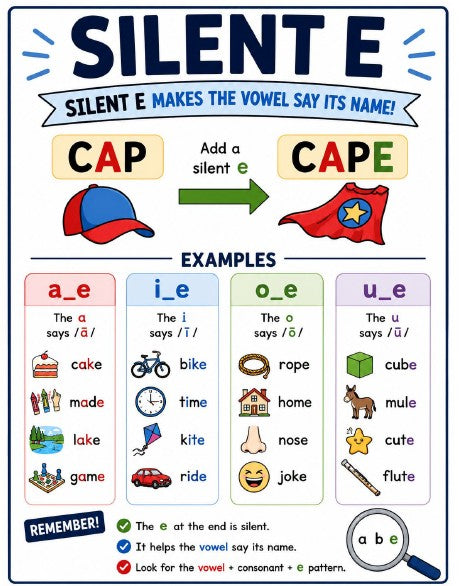 Silent E Anchor Chart & Long Vowel Phonics Poster | Magic E Printable | CVCe Reading Rules
