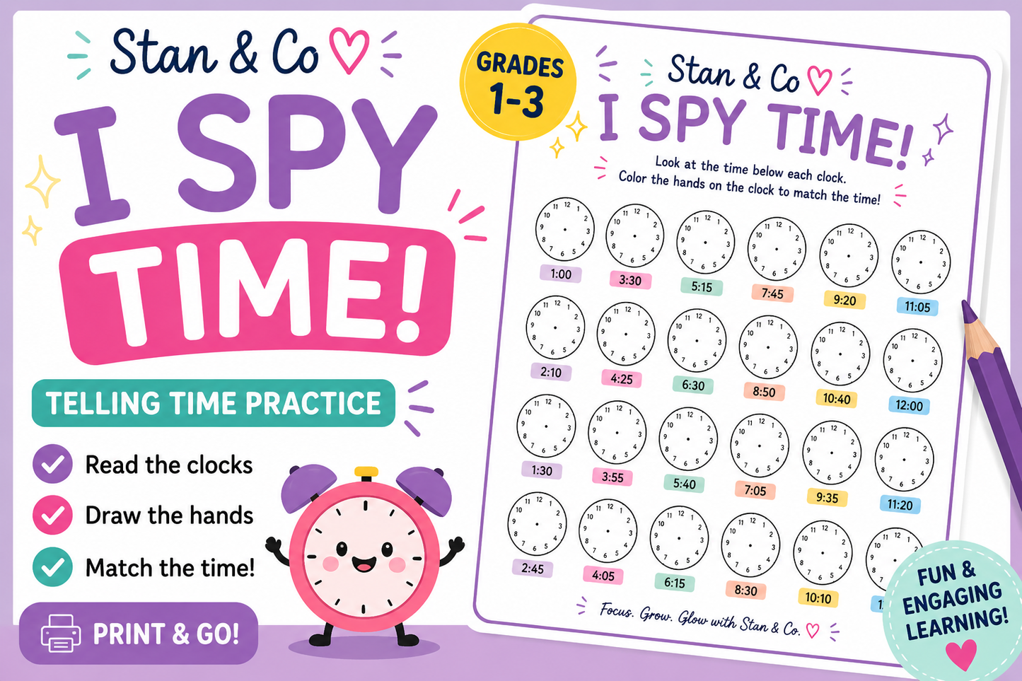 ⏰ I Spy Time! Clock Matching Activity | Printable Time Telling Worksheet