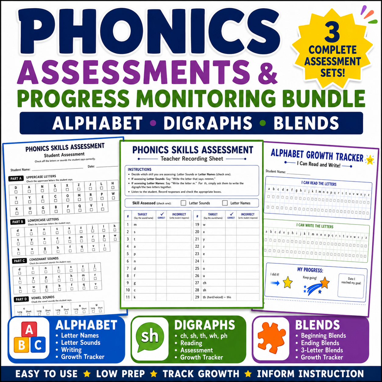 Phonics Assessments & Progress Monitoring Bundle | Alphabet, Digraphs & Blends