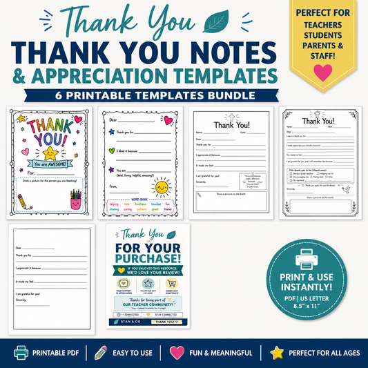 Teacher Thank You Notes & Appreciation Templates Bundle