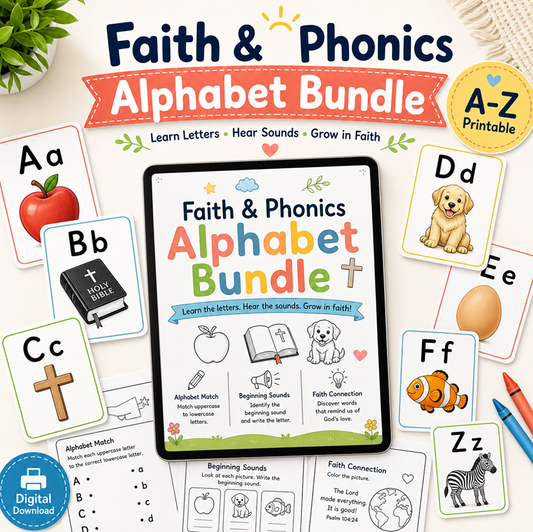 Faith & Phonics Alphabet Flashcards and Workbook Printable Bundle