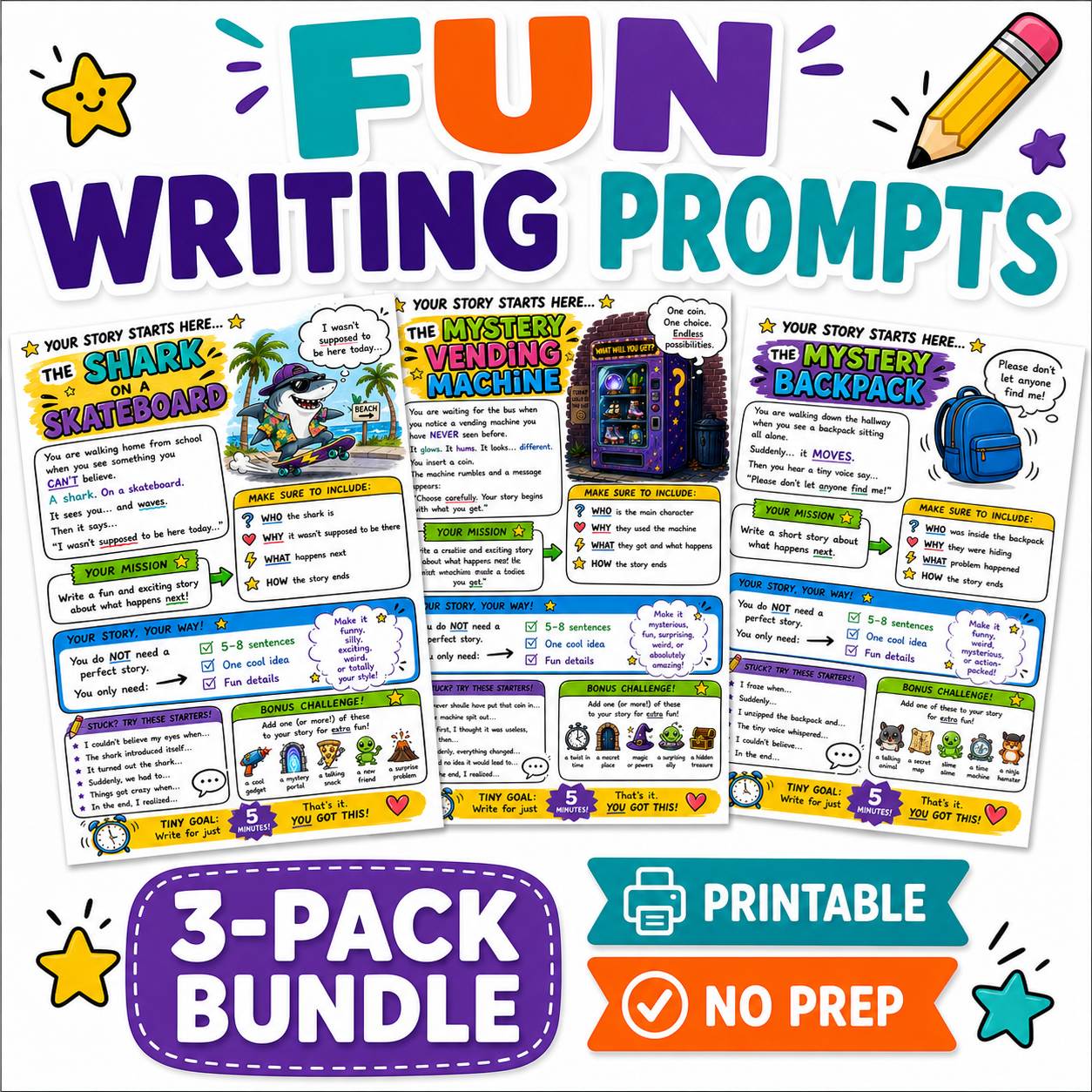 Fun Writing Prompts Bundle | Creative Writing Activities for Kids